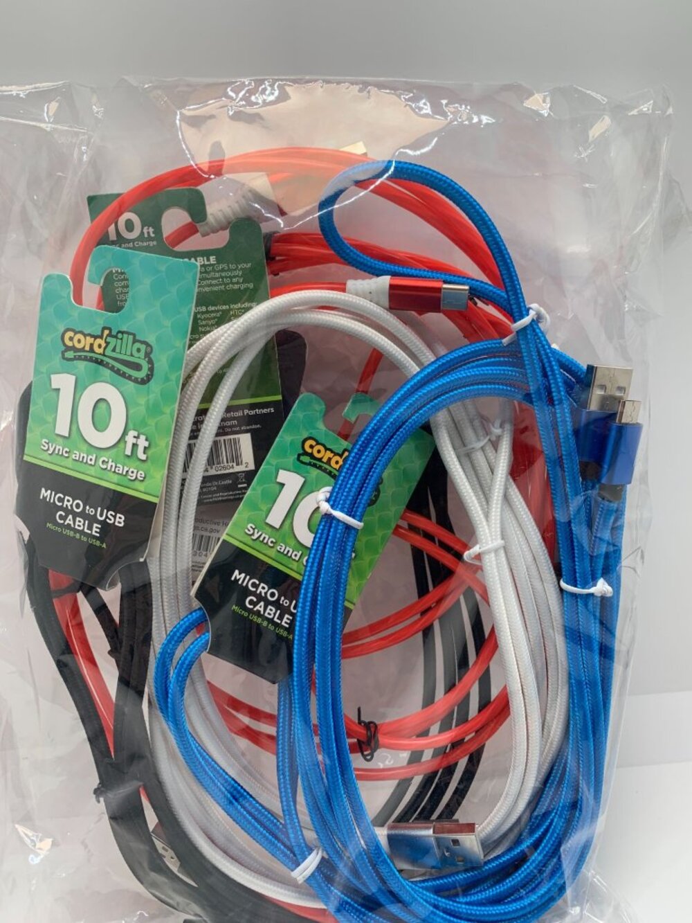 Cordzilla 10ft Micro To USB Cable Sync & Charge Pack Of 4 Assorted Colors Durabl